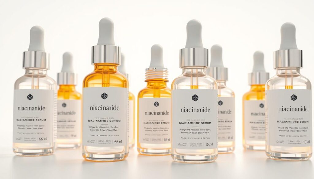 A close-up shot of several glass bottles filled with a clear, glossy niacinamide serum. The bottles are arranged on a simple, minimalist white background, allowing the serums to be the focal point. The lighting is soft and diffused, creating a clean, modern aesthetic. The serum bottles have simple, elegant labels with the product name and ingredient list. The overall mood is one of purity, efficacy, and a focus on the key skincare ingredient - niacinamide. The scene conveys the concept of targeted, high-quality facial serums designed to address specific skin concerns like oil control and pore refinement.