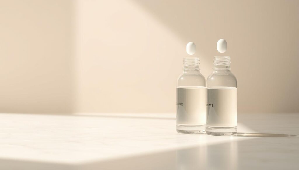 A serene, minimalist still life capturing the essence of hyaluronic acid serums. In the foreground, delicate glass bottles filled with a clear, viscous liquid reflect the soft natural light. The middle ground features a smooth, matte surface, perhaps a marble countertop or wooden tabletop, creating a sense of understated elegance. The background fades into a subtly blurred, neutral tone, allowing the serums to take center stage. The entire scene is bathed in a warm, diffused glow, evoking a sense of tranquility and deep hydration. The image conveys the purity and efficacy of these nourishing skincare products.